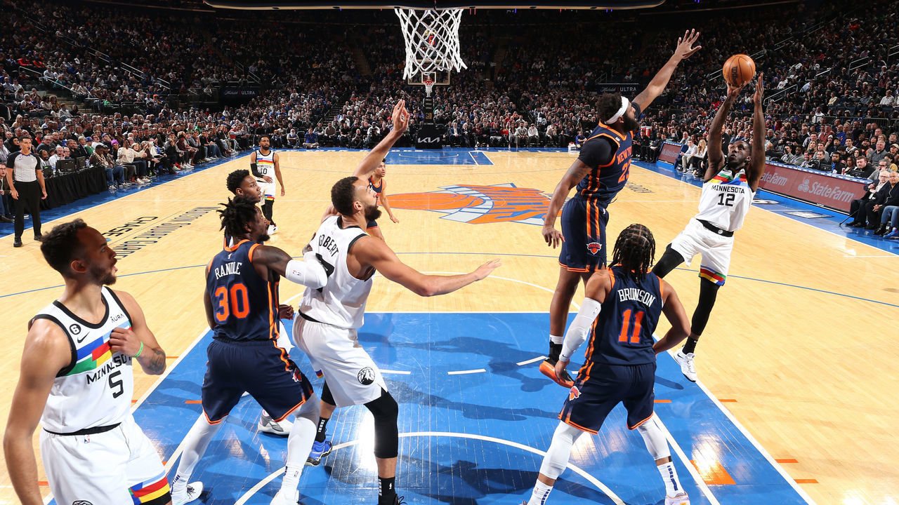 NEW YORK, NY - MARCH 20: Taurean Prince #12 of the Minnesota Timberwolves shoots the ball during the game against the New York Knicks on March 20, 2023 at Madison Square Garden in New York City, New York. Mandatory Copyright Notice: Copyright 2023 NBAE