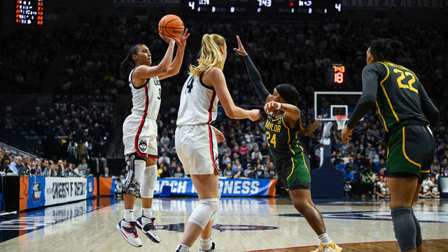 STORRS, CT - MARCH 20: Azzi Fudd #35 of the University of Connecticut Huskies shoots a three-pointer against the Baylor Bears during the second round of the 2023 NCAA Women's Basketball Tournament held at Gampel Pavilion on March 20, 2023 in Storrs, Connecticut.