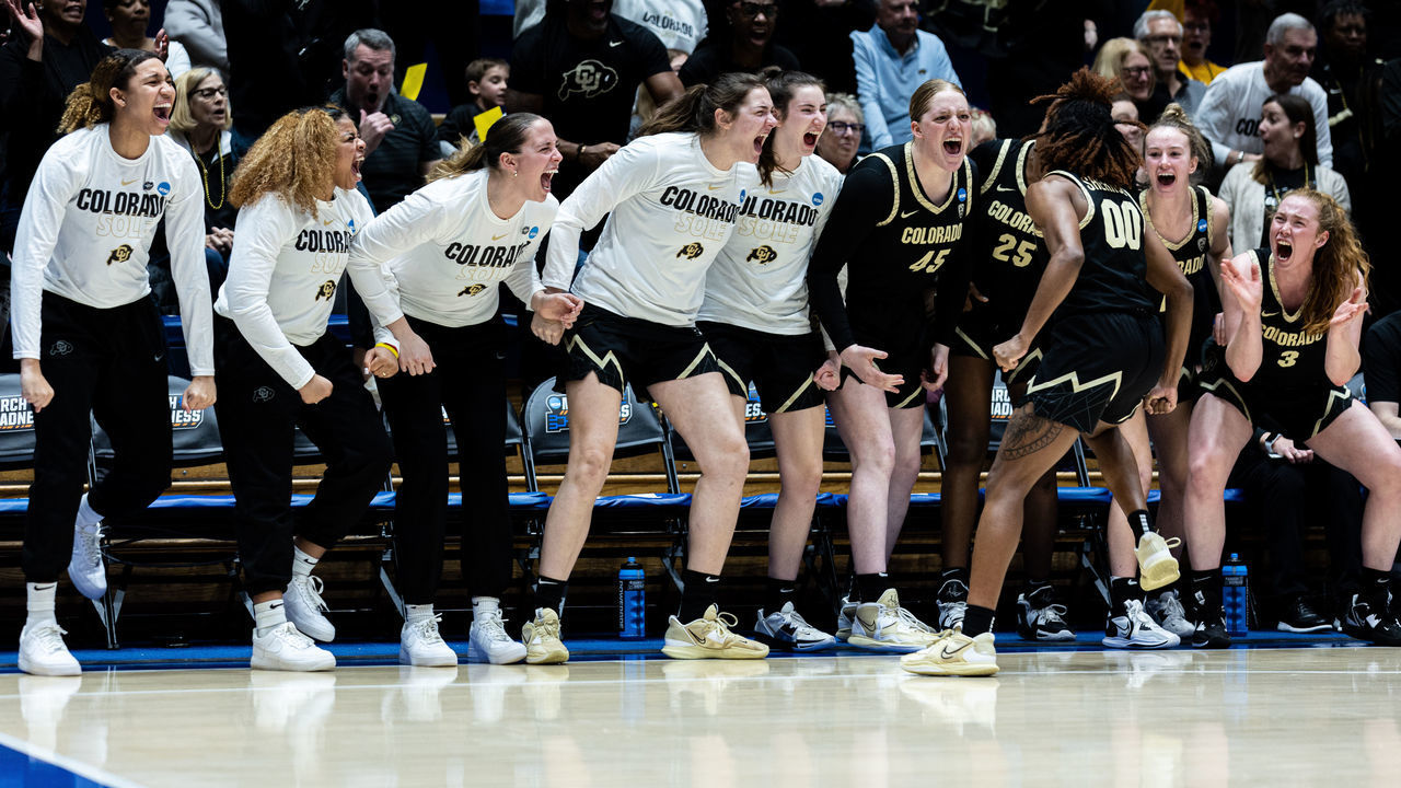 DURHAM, NC - MARCH 20: The Colorado Buffaloes bench celebrates a point in the game against Duke Blue Devils during the second round of the 2023 NCAA Women's Basketball Tournament held at Cameron Indoor Stadium on March 20, 2023 in Durham, North Carolina.