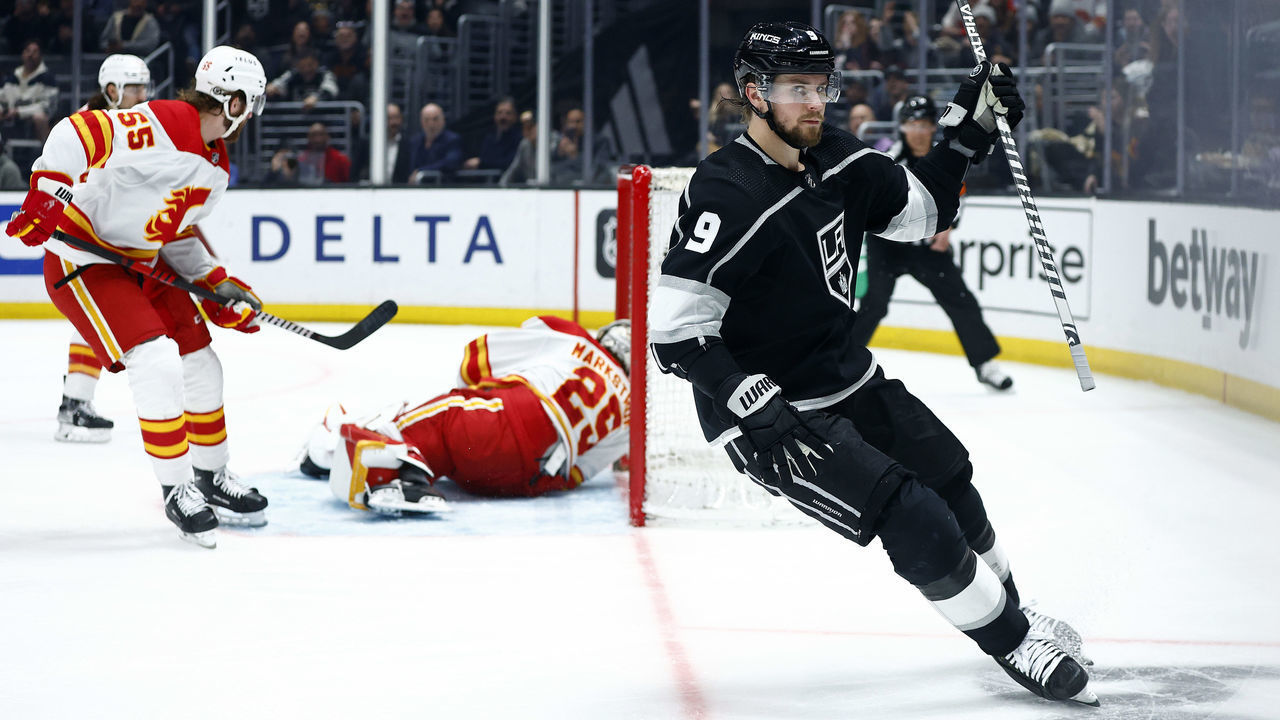 LOS ANGELES, CALIFORNIA - MARCH 20: Adrian Kempe #9 of the Los Angeles Kings celebrates a goal against the Calgary Flames in the second period at Crypto.com Arena on March 20, 2023 in Los Angeles, California.
