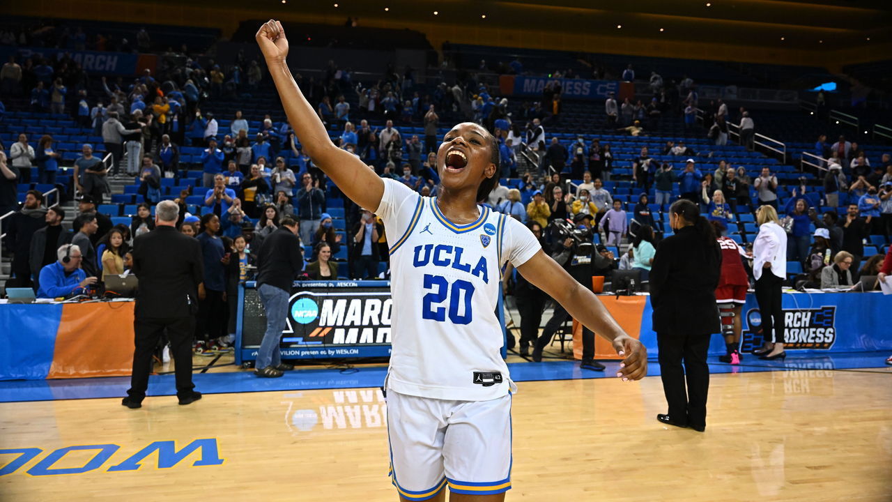 LOS ANGELES, CA - MARCH 20: Charisma Osborne #20 of the UCLA Bruins celebrates after the game between the Oklahoma Sooners and the UCLA Bruins during the second round of the 2023 NCAA Women's Basketball Tournament held at UCLA Pauley Pavilion on March 20, 2023 in Los Angeles, California.