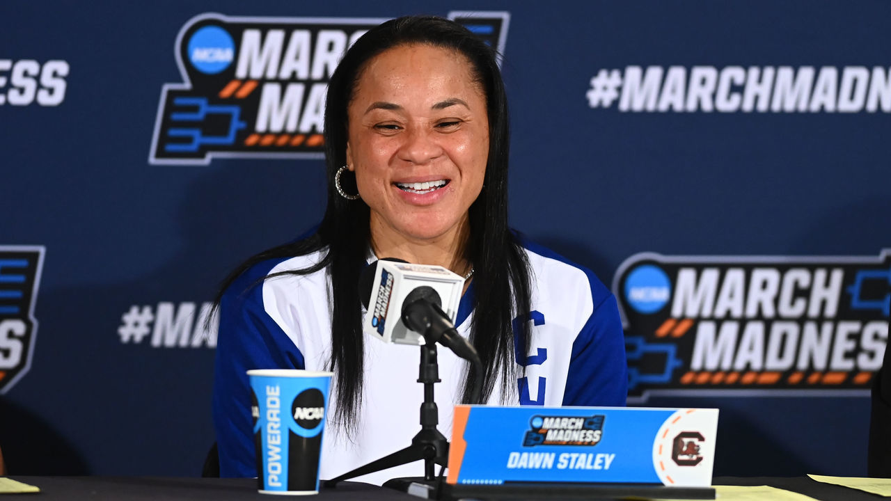 COLUMBIA, SC - MARCH 19: Head coach Dawn Staley of the South Carolina Gamecocks smiling after winning during the second round of the 2023 NCAA Women's Basketball Tournament held at Colonial Life Arena on March 19, 2023 in Columbia, South Carolina.