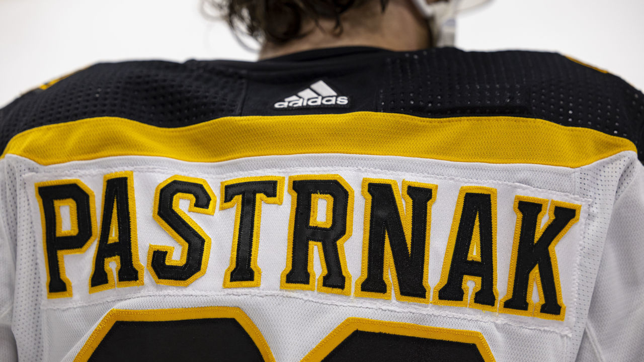 NASHVILLE, TN - FEBRUARY 16: Detail of the nameplate on the uniform of David Pastrnak #88 of the Boston Bruins during the second period against the Nashville Predators at Bridgestone Arena on February 16, 2023 in Nashville, Tennessee.