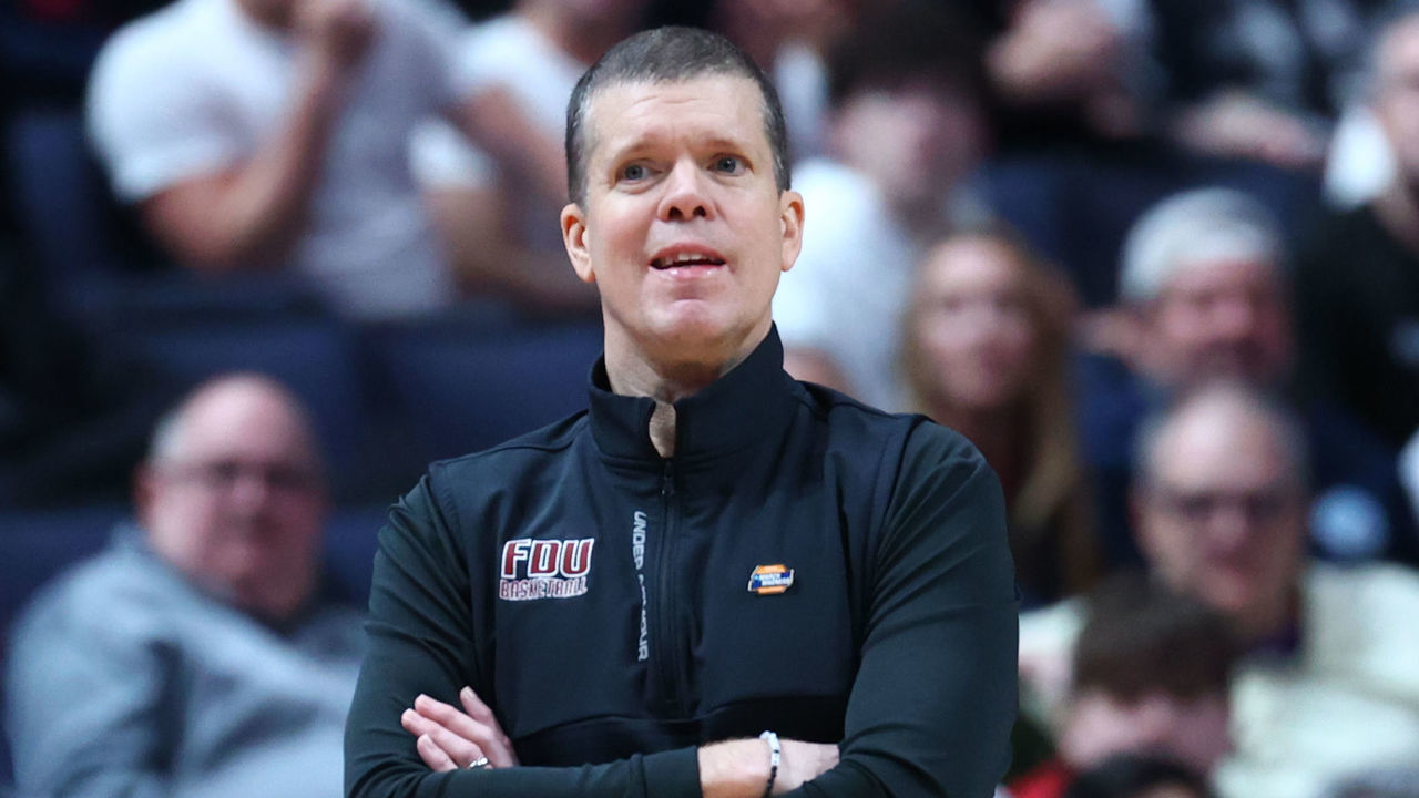 COLUMBUS, OH - MARCH 19: Head coach Tobin Anderson of the Fairleigh Dickinson Knights watches his team against the Florida Atlantic Owls during the second round of the 2023 NCAA Men's Basketball Tournament held at Nationwide Arena on March 19, 2023 in Columbus, Ohio.