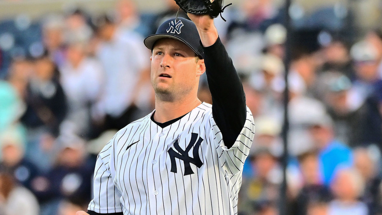 TAMPA, FLORIDA - MARCH 14: Gerrit Cole #45 of the New York Yankees looks to receive the ball back in the first inning against the Toronto Blue Jays during a Grapefruit League Spring Training Game at George M. Steinbrenner Field on March 14, 2023 in Tampa, Florida.