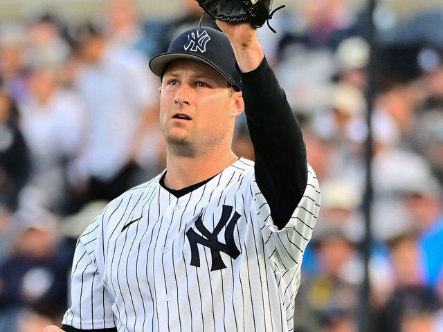 TAMPA, FLORIDA - MARCH 14: Gerrit Cole #45 of the New York Yankees looks to receive the ball back in the first inning against the Toronto Blue Jays during a Grapefruit League Spring Training Game at George M. Steinbrenner Field on March 14, 2023 in Tampa, Florida.