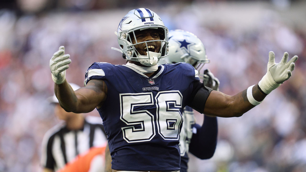 ARLINGTON, TX - OCTOBER 30: Dante Fowler Jr. #56 of the Dallas Cowboys celebrates after a play against the Chicago Bears during the second half at AT&T Stadium on October 30, 2022 in Arlington, Texas.
