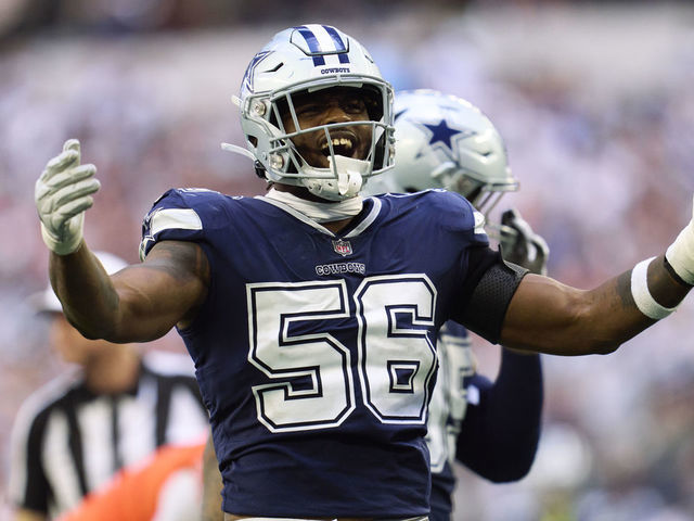 ARLINGTON, TX - OCTOBER 30: Dante Fowler Jr. #56 of the Dallas Cowboys celebrates after a play against the Chicago Bears during the second half at AT&T Stadium on October 30, 2022 in Arlington, Texas.