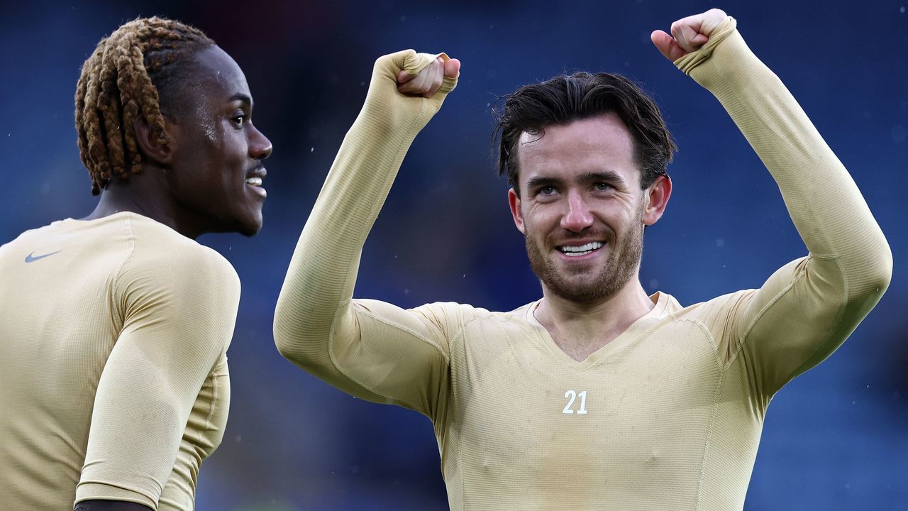 Chelsea's English defender Ben Chilwell (R) and Chelsea's English defender Trevoh Chalobah celebrate after the English Premier League football match between Leicester City and Chelsea at King Power Stadium in Leicester, central England on March 11, 2023.