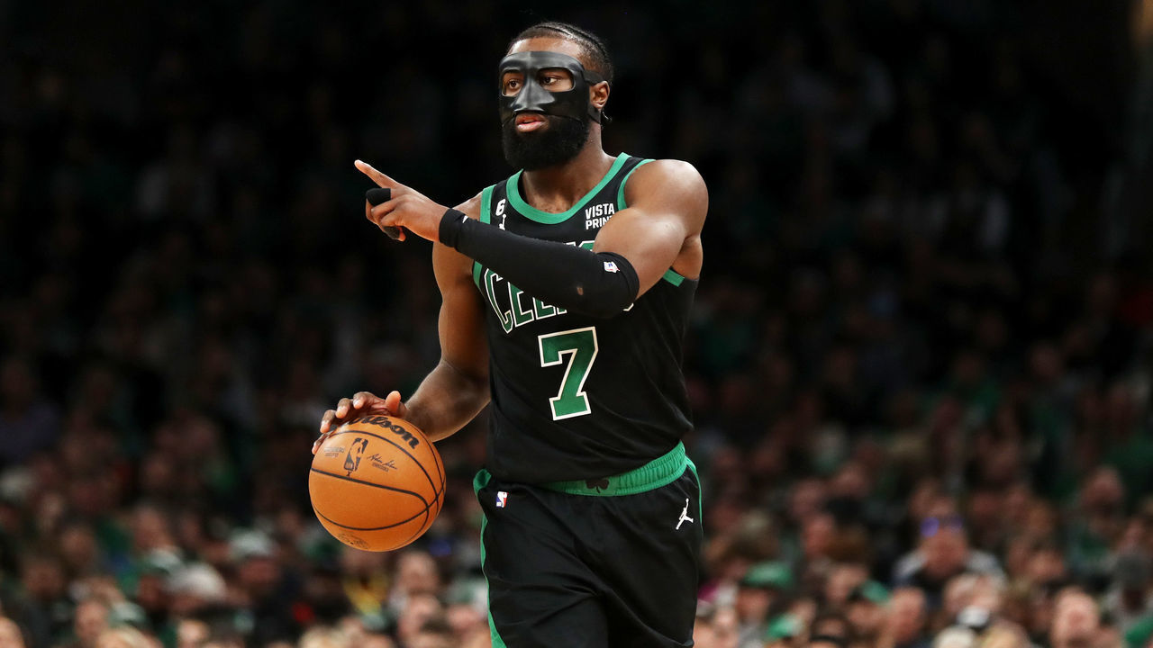 BOSTON, MASSACHUSETTS - MARCH 03: Jaylen Brown #7 of the Boston Celtics reacts during the third quarter of the game against the Brooklyn Nets at TD Garden on March 03, 2023 in Boston, Massachusetts.