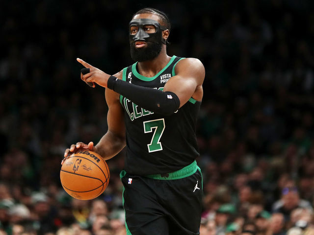 BOSTON, MASSACHUSETTS - MARCH 03: Jaylen Brown #7 of the Boston Celtics reacts during the third quarter of the game against the Brooklyn Nets at TD Garden on March 03, 2023 in Boston, Massachusetts.