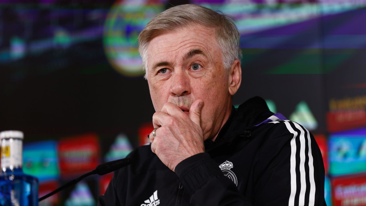 VALDEBEBAS, SPAIN - MARCH 18: Carlo Ancelotti attends during his press conference after the training session of Real Madrid before the classic match against FC Barcelona at Ciudad del Futbol Real Madrid on March 18, 2023, in Las Valdebebas, Madrid, Spain.