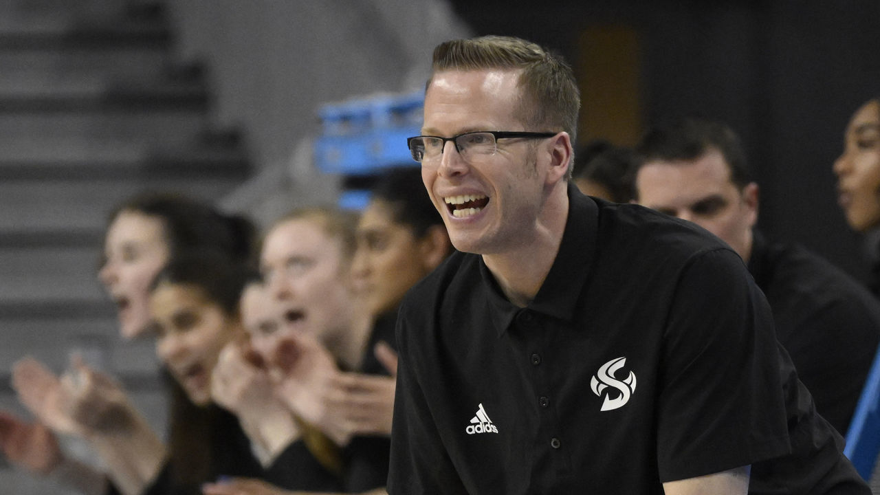 Los Angeles, CA - March 18: head coach Mark Campbell of the Sacramento State Hornets against the UCLA Bruins in the second half of a first round NCAA womens tournament college basketball game at Pauley Pavilion in Los Angeles on Saturday, March 18, 2023. UCLA Bruins won 67-45.