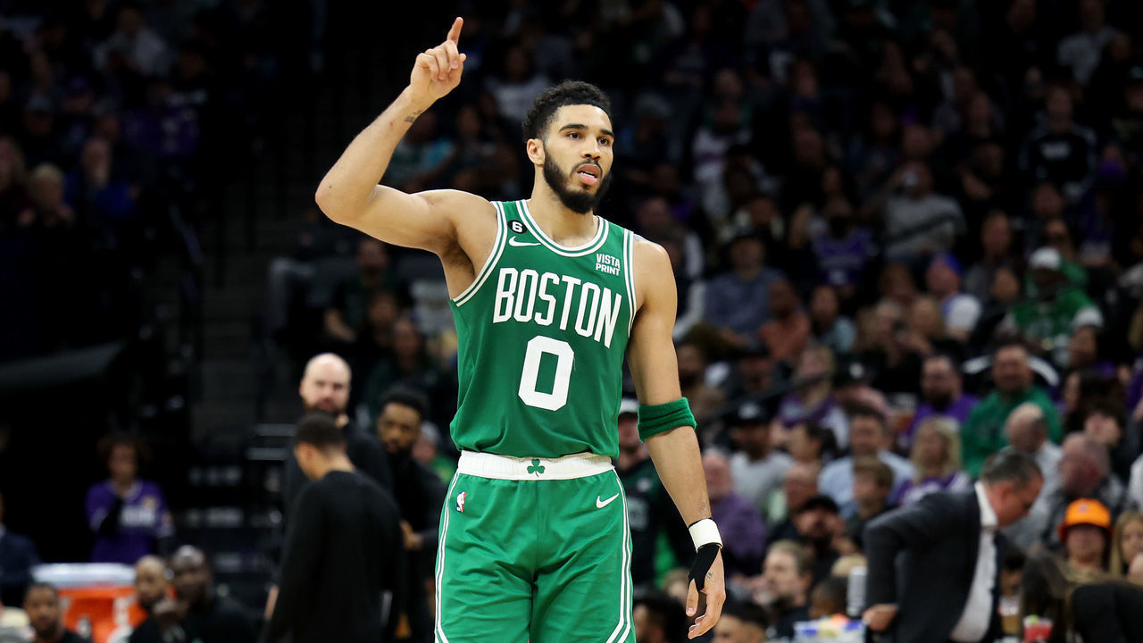 SACRAMENTO, CALIFORNIA - MARCH 21: Jayson Tatum #0 of the Boston Celtics reacts after the Celtics made a basket against the Sacramento Kings in the second half at Golden 1 Center on March 21, 2023 in Sacramento, California.