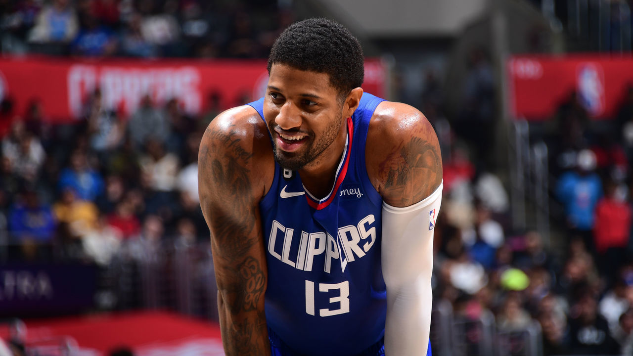 LOS ANGELES, CA - MARCH 21: Paul George #13 of the LA Clippers smiles during the game against the Oklahoma City Thunder on March 21, 2023 at Crypto.Com Arena in Los Angeles, California. NOTE TO USER: User expressly acknowledges and agrees that, by downloading and/or using this Photograph, user is consenting to the terms and conditions of the Getty Images License Agreement. Mandatory Copyright Notice: Copyright 2023 NBAE