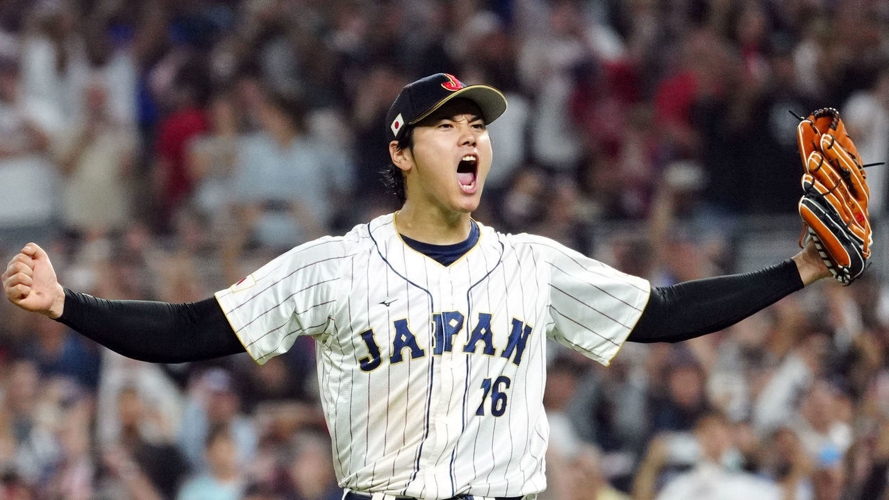 MIAMI, FL - MARCH 21: Shohei Ohtani #16 of Team Japan celebrates on the field after Team Japan defeated Team USA in the 2023 World Baseball Classic Championship game at loanDepot Park on Tuesday, March 21, 2023 in Miami, Florida.