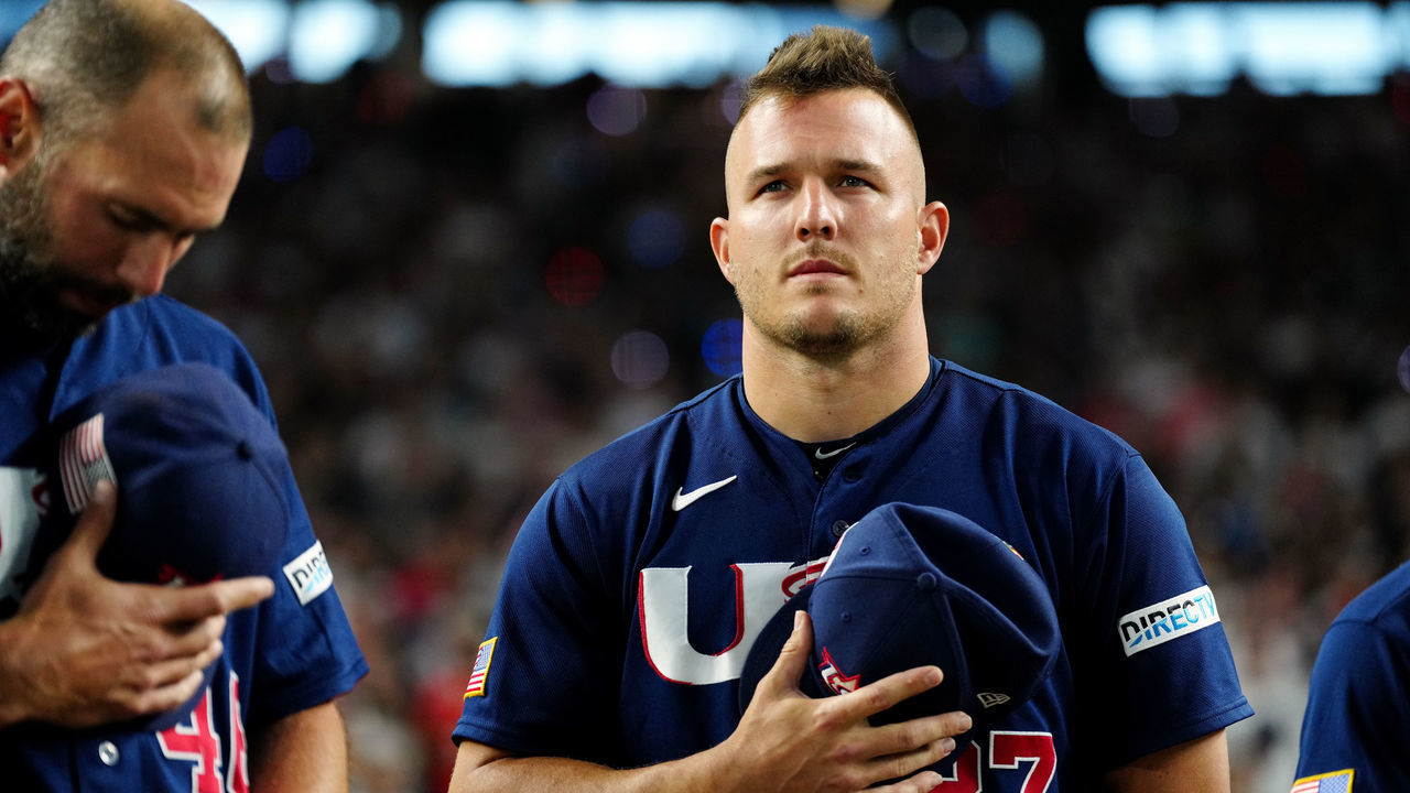 MIAMI, FL - MARCH 21: Mike Trout #27 of Team USA looks on during the playing of the national anthems prior to the 2023 World Baseball Classic Championship game between Team USA and Team Japan at loanDepot Park on Tuesday, March 21, 2023 in Miami, Florida.