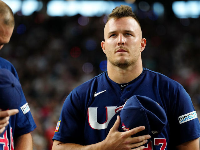 MIAMI, FL - MARCH 21: Mike Trout #27 of Team USA looks on during the playing of the national anthems prior to the 2023 World Baseball Classic Championship game between Team USA and Team Japan at loanDepot Park on Tuesday, March 21, 2023 in Miami, Florida.