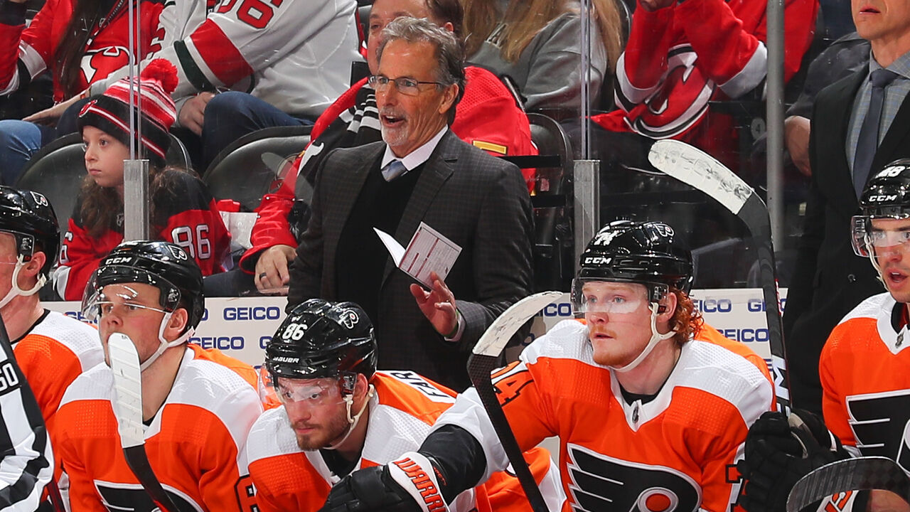 NEWARK, NJ - FEBRUARY 25: John Tortorella Head Coach of the Philadelphia Flyers behind the bench during the game against the New Jersey Devils on February 25, 2023 at the Prudential Center in Newark, New Jersey.