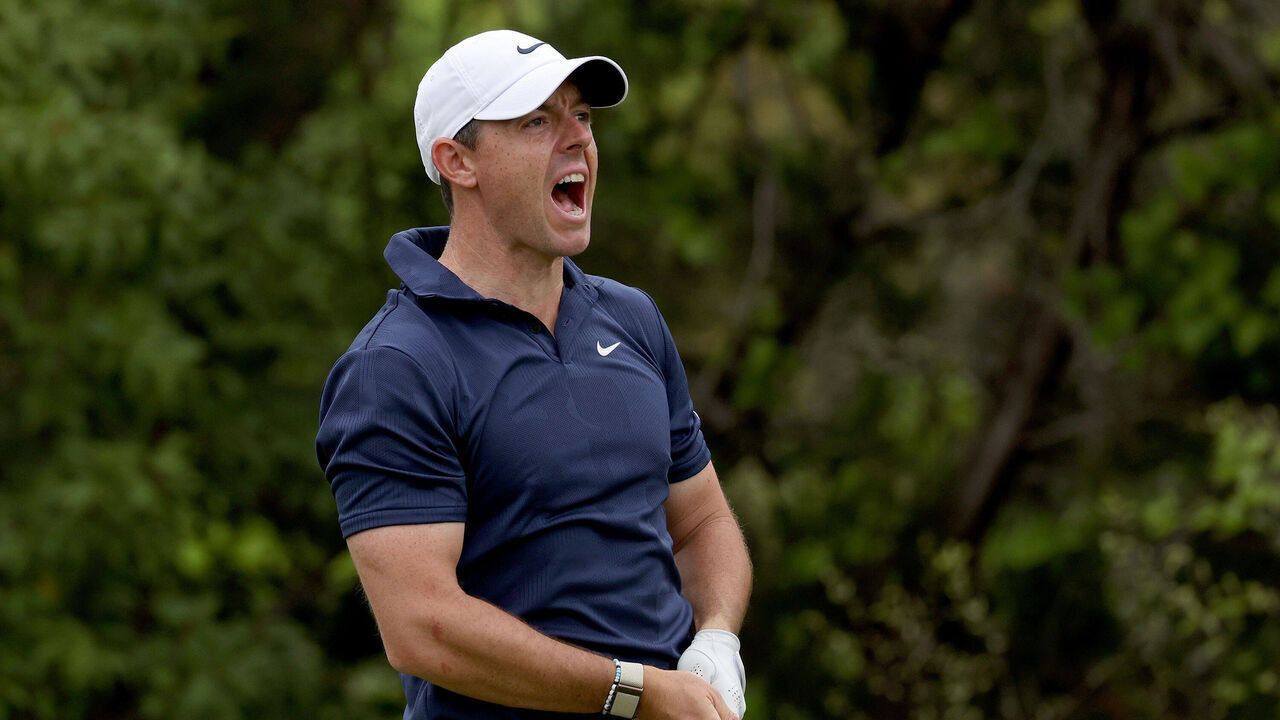 AUSTIN, TEXAS - MARCH 22: Rory McIlroy of Northern Ireland reacts to his shot from the second tee during day one of the World Golf Championships-Dell Technologies Match Play at Austin Country Club on March 22, 2023 in Austin, Texas.