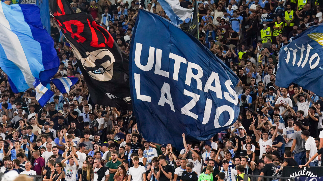 ROME, ITALY - SEPTEMBER 08: Fans of Lazio Roma, Ultras Lazio during the UEFA Europa League Group F match between Lazio Roma and Feyenoord at Stadio Olimpico on September 8, 2022 in Rome, Italy