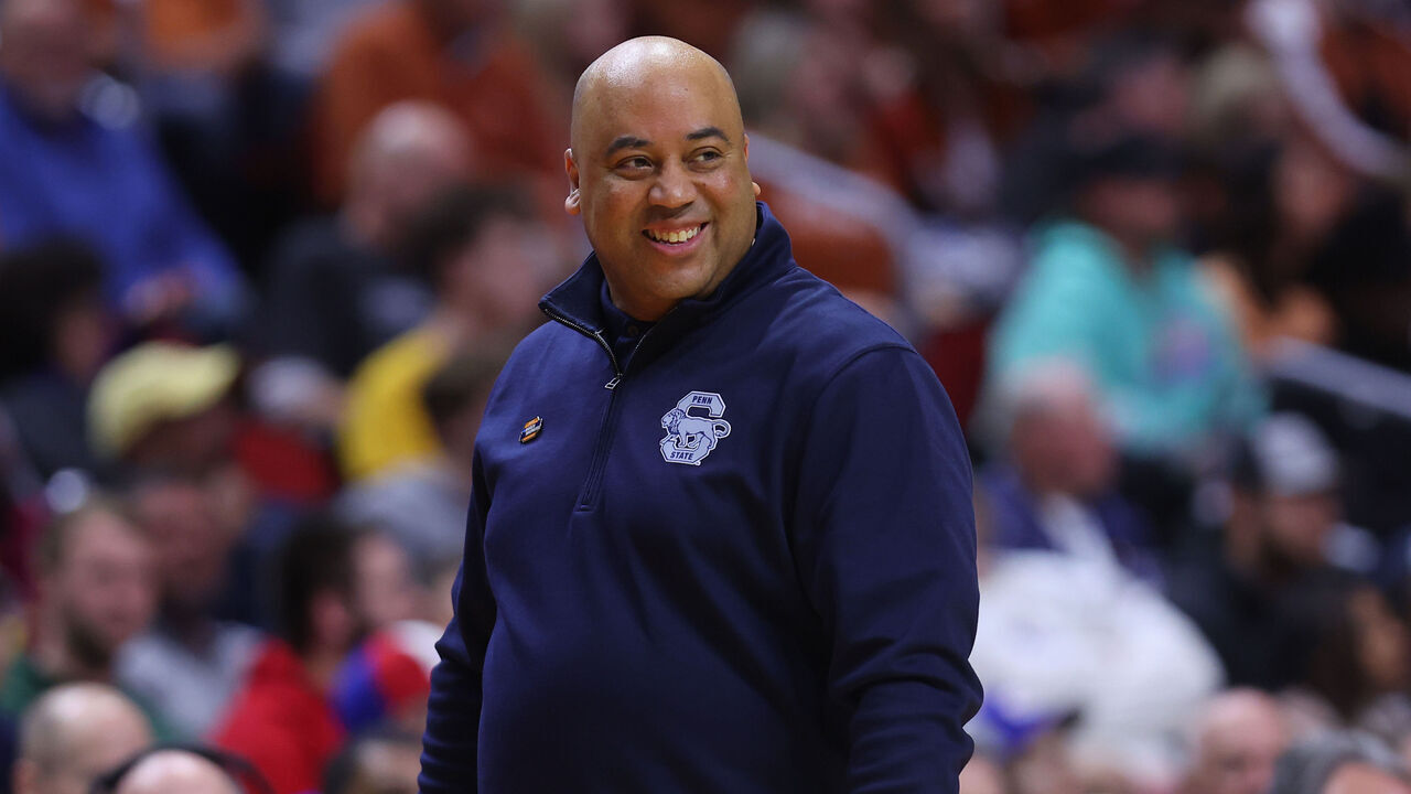 DES MOINES, IOWA - MARCH 18: Head coach Micah Shrewsberry of the Penn State Nittany Lions looks on against the Texas Longhorns during the first half in the second round of the NCAA Men's Basketball Tournament at Wells Fargo Arena on March 18, 2023 in Des Moines, Iowa.