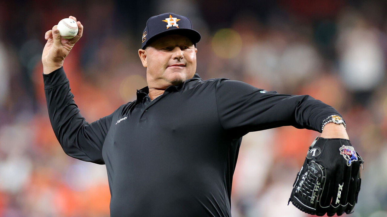 HOUSTON, TEXAS - OCTOBER 19: Former Houston Astros pitcher Roger Clemens throws out the first pitch before the game against the New York Yankees in game one of the American League Championship Series at Minute Maid Park on October 19, 2022 in Houston, Texas.