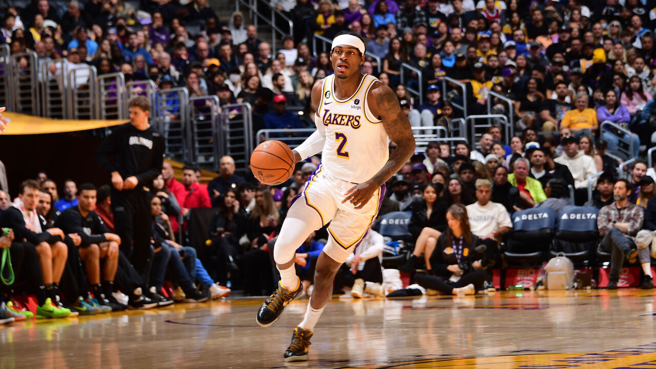 LOS ANGELES, CA - MARCH 19: Jarred Vanderbilt #2 of the Los Angeles Lakers dribbles the ball during the game against the Orlando Magic on March 19, 2023 at Crypto.Com Arena in Los Angeles, California. NOTE TO USER: User expressly acknowledges and agrees that, by downloading and/or using this Photograph, user is consenting to the terms and conditions of the Getty Images License Agreement. Mandatory Copyright Notice: Copyright 2023 NBAE