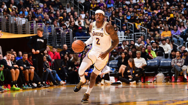 LOS ANGELES, CA - MARCH 19: Jarred Vanderbilt #2 of the Los Angeles Lakers dribbles the ball during the game against the Orlando Magic on March 19, 2023 at Crypto.Com Arena in Los Angeles, California. NOTE TO USER: User expressly acknowledges and agrees that, by downloading and/or using this Photograph, user is consenting to the terms and conditions of the Getty Images License Agreement. Mandatory Copyright Notice: Copyright 2023 NBAE