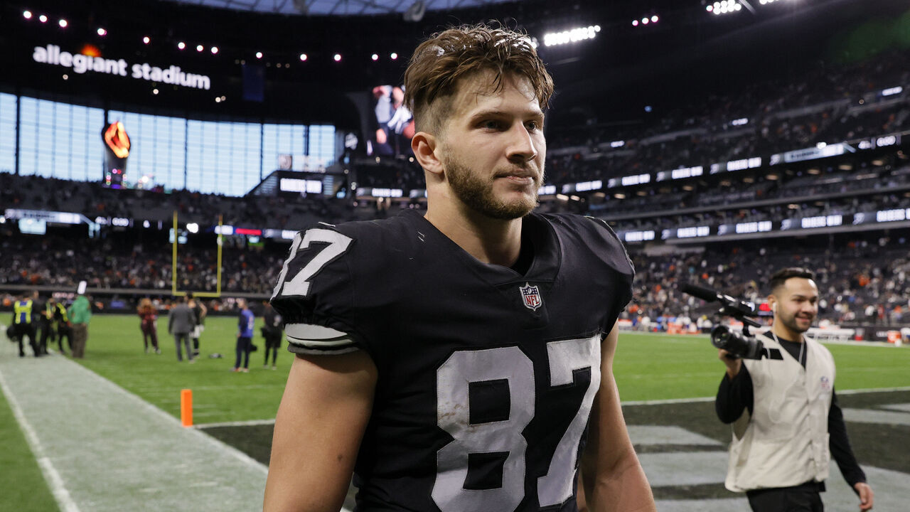 LAS VEGAS, NEVADA - DECEMBER 26: Tight end Foster Moreau #87 of the Las Vegas Raiders walks off the field after the team's 17-13 victory over the Denver Broncos at Allegiant Stadium on December 26, 2021 in Las Vegas, Nevada.