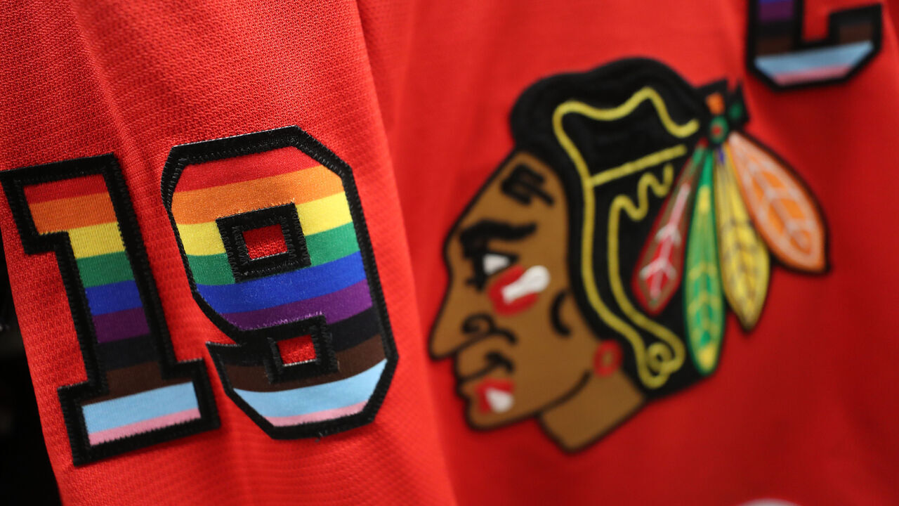 CHICAGO, ILLINOIS - APRIL 12: Rainbow colors are shown on Jonathan Toews #19 of the Chicago Blackhawks warm-up jersey for Pride Night prior to the game against the Los Angeles Kings at United Center on April 12, 2022 in Chicago, Illinois.
