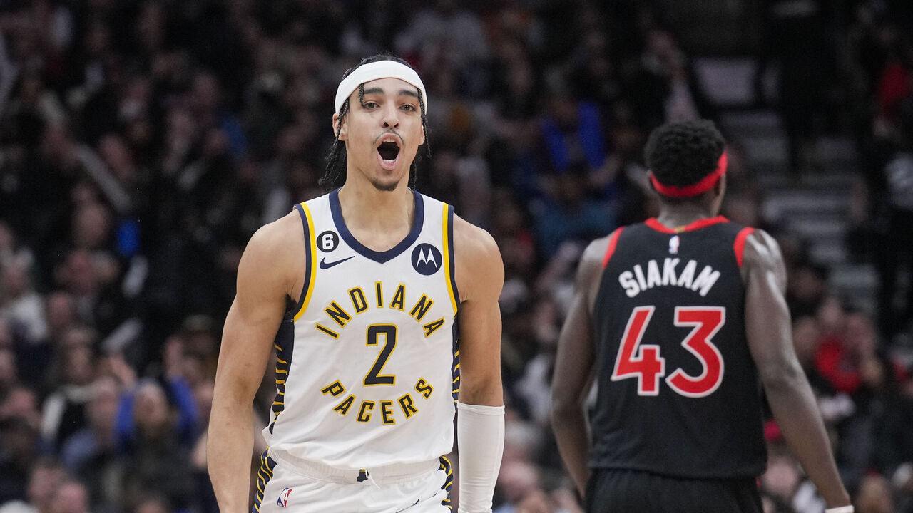 TORONTO, ON - MARCH 22: Andrew Nembhard #2 of the Indiana Pacers celebrates his three point shot against the Toronto Raptors late in the second half of their basketball game at the Scotiabank Arena on March 22, 2023 in Toronto, Ontario, Canada. NOTE TO USER: User expressly acknowledges and agrees that, by downloading and/or using this Photograph, user is consenting to the terms and conditions of the Getty Images License Agreement.