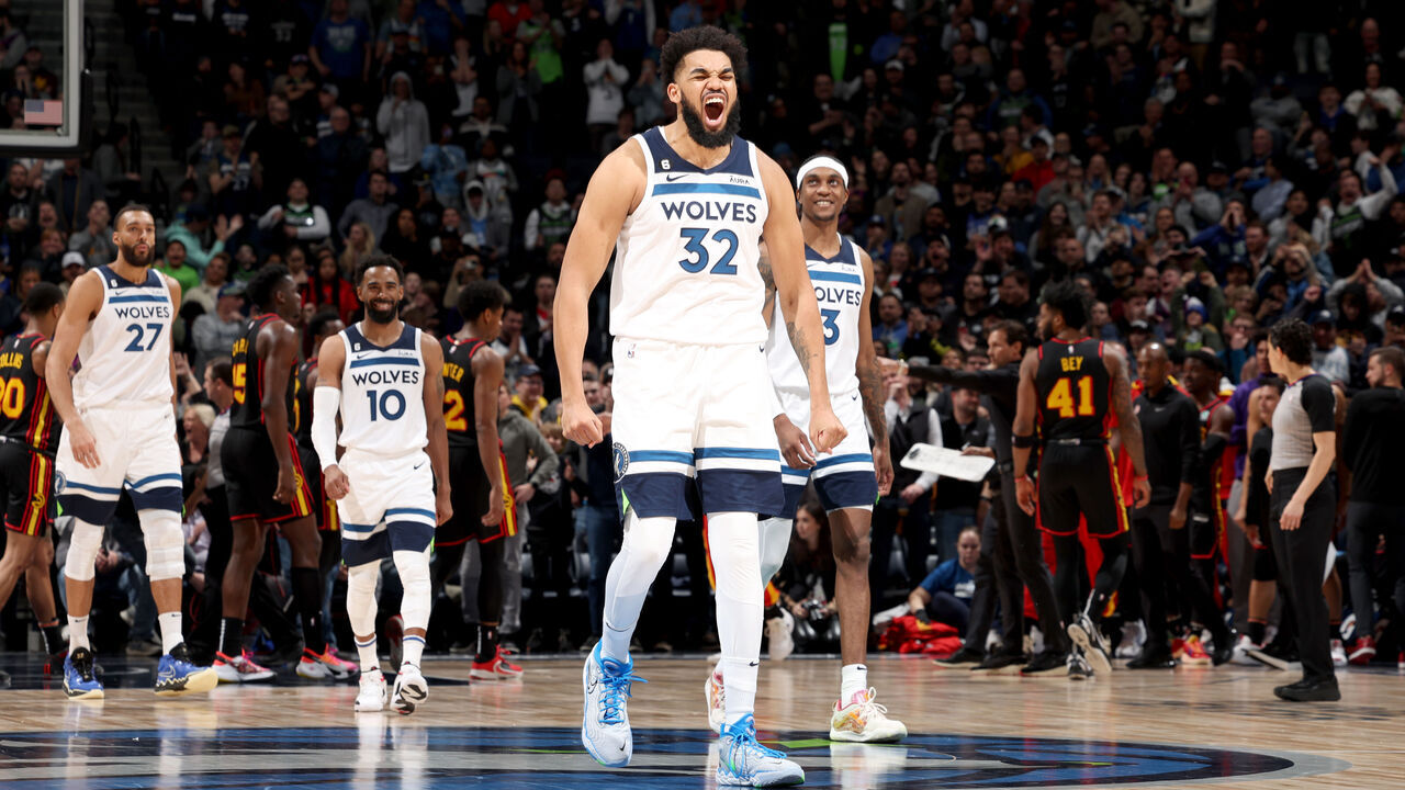 MINNEAPOLIS, MN - MARCH 22: Karl-Anthony Towns #32 of the Minnesota Timberwolves celebrates during the game against the Atlanta Hawks on March 22, 2023 at Target Center in Minneapolis, Minnesota. Mandatory Copyright Notice: Copyright 2023 NBAE