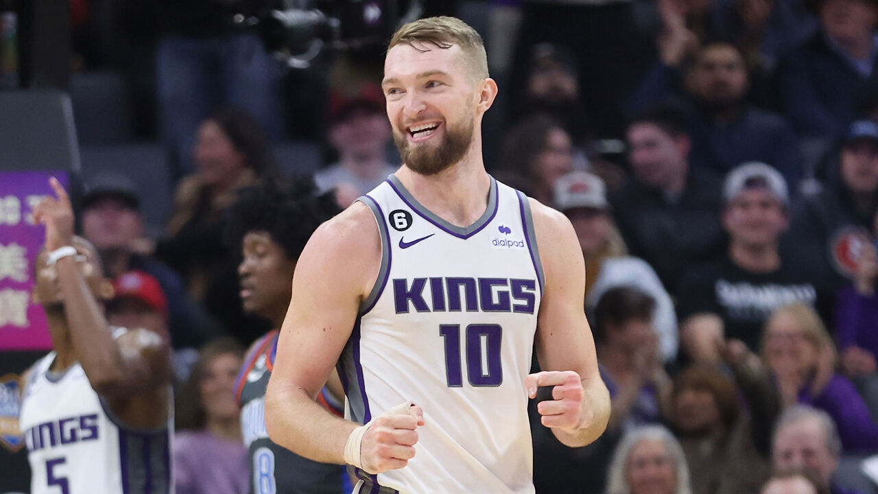 SACRAMENTO, CALIFORNIA - JANUARY 20: Domantas Sabonis #10 of the Sacramento Kings celebrates after a basket in the fourth quarter against the Oklahoma City Thunder at Golden 1 Center on January 20, 2023 in Sacramento, California. NOTE TO USER: User expressly acknowledges and agrees that, by downloading and/or using this photograph, User is consenting to the terms and conditions of the Getty Images License Agreement.