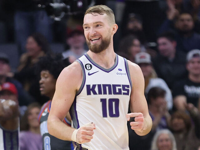 SACRAMENTO, CALIFORNIA - JANUARY 20: Domantas Sabonis #10 of the Sacramento Kings celebrates after a basket in the fourth quarter against the Oklahoma City Thunder at Golden 1 Center on January 20, 2023 in Sacramento, California. NOTE TO USER: User expressly acknowledges and agrees that, by downloading and/or using this photograph, User is consenting to the terms and conditions of the Getty Images License Agreement.