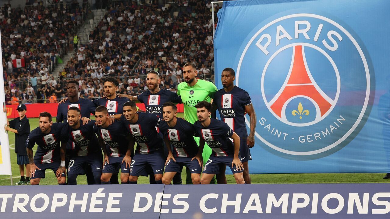 Paris Saint-Germain players pose for the group photo prior to the start of the French Champions' Trophy (Trophee des Champions) final football match, Paris Saint-Germain versus FC Nantes, in the at the Bloomfield Stadium, in Tel Aviv on July 31, 2022.