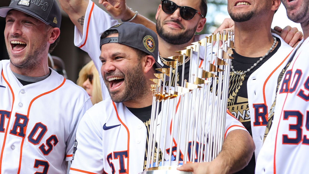 HOUSTON, TEXAS - NOVEMBER 07: Jose Altuve #27, Alex Bregman #2, Justin Verlander #35, Yuli Gurriel #10 and Lance McCullers Jr. #43 of the Houston Astros participate in the World Series Parade on November 07, 2022 in Houston, Texas.