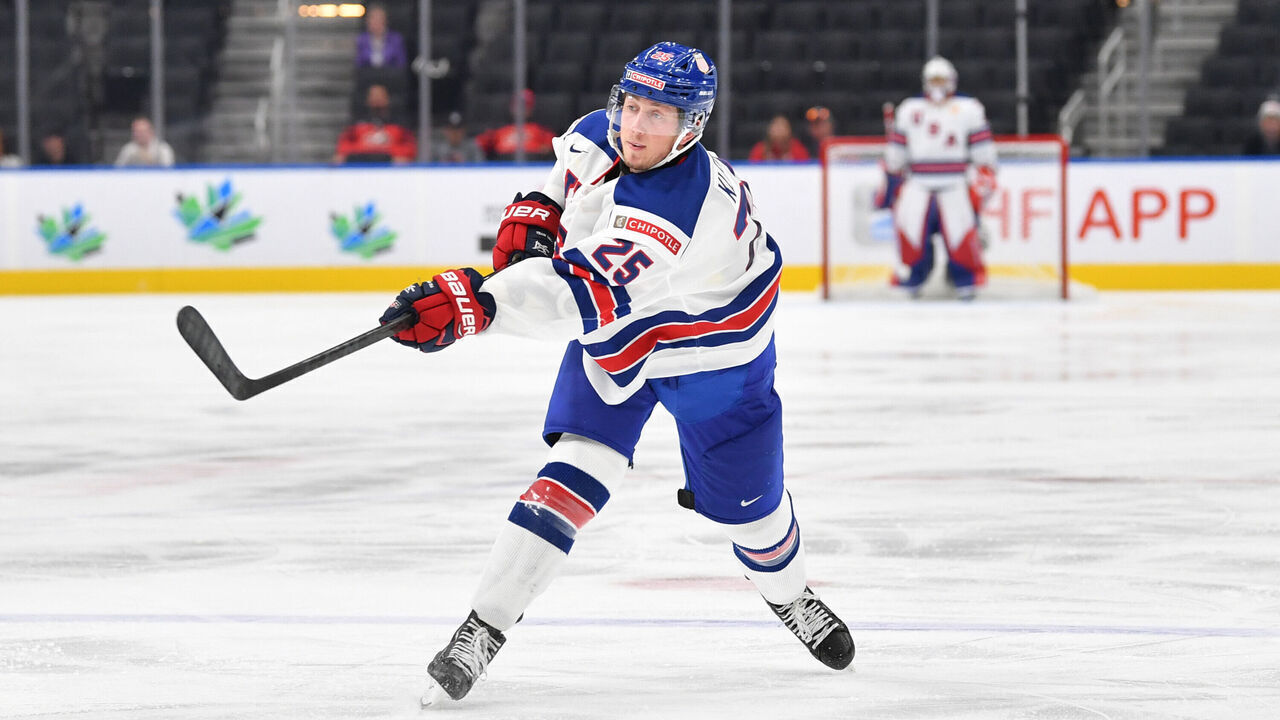EDMONTON, AB - AUGUST 17: Tyler Kleven #25 of United States skates during the game against Czechia in the IIHF World Junior Championship on August 17, 2022 at Rogers Place in Edmonton, Alberta, Canada