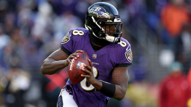 BALTIMORE, MARYLAND - NOVEMBER 20: Quarterback Lamar Jackson #8 of the Baltimore Ravens drops back to pass against the Carolina Panthers at M&T Bank Stadium on November 20, 2022 in Baltimore, Maryland.