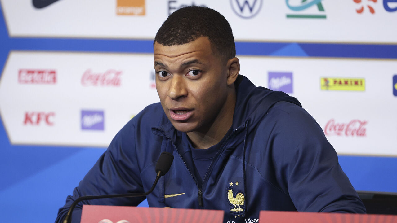 PARIS, FRANCE - MARCH 23: Kylian Mbappe of France answers to the media during a press conference on the eve of an Euro 2024 qualifier between France and Netherlands at Stade de France on March 23, 2023 in Saint-Denis near Paris, France.