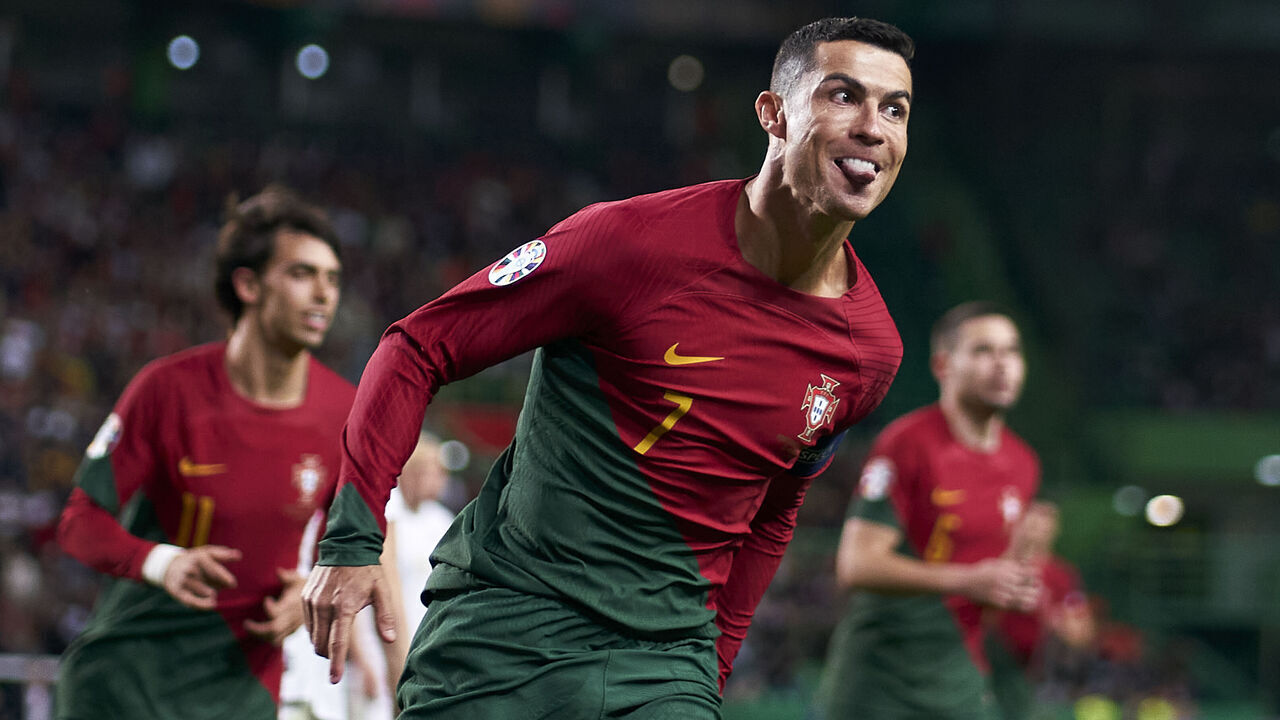 LISBON, PORTUGAL - MARCH 23: Cristiano Ronaldo of Portugal celebrates after scoring his team's third goal during the UEFA EURO 2024 qualifying round group J match between Portugal and Liechtenstein at Estadio Jose Alvalade on March 23, 2023 in Lisbon, Portugal.
