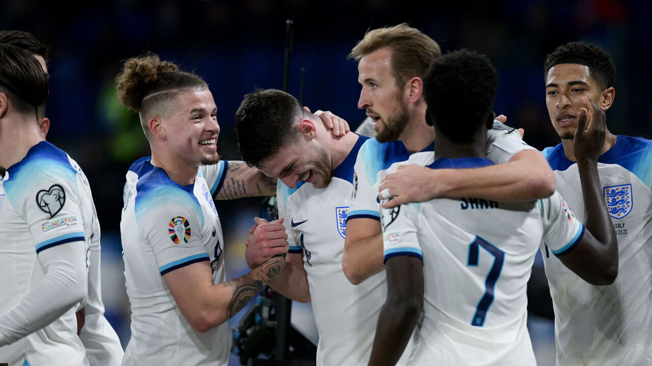 Declan Rice of England celebrates after scoring first goal during the UEFA Euro 2024 Qualifiers match between Italy and England at Stadio Diego Armando Maradona on 23 March, 2023 in Naples, Italy.