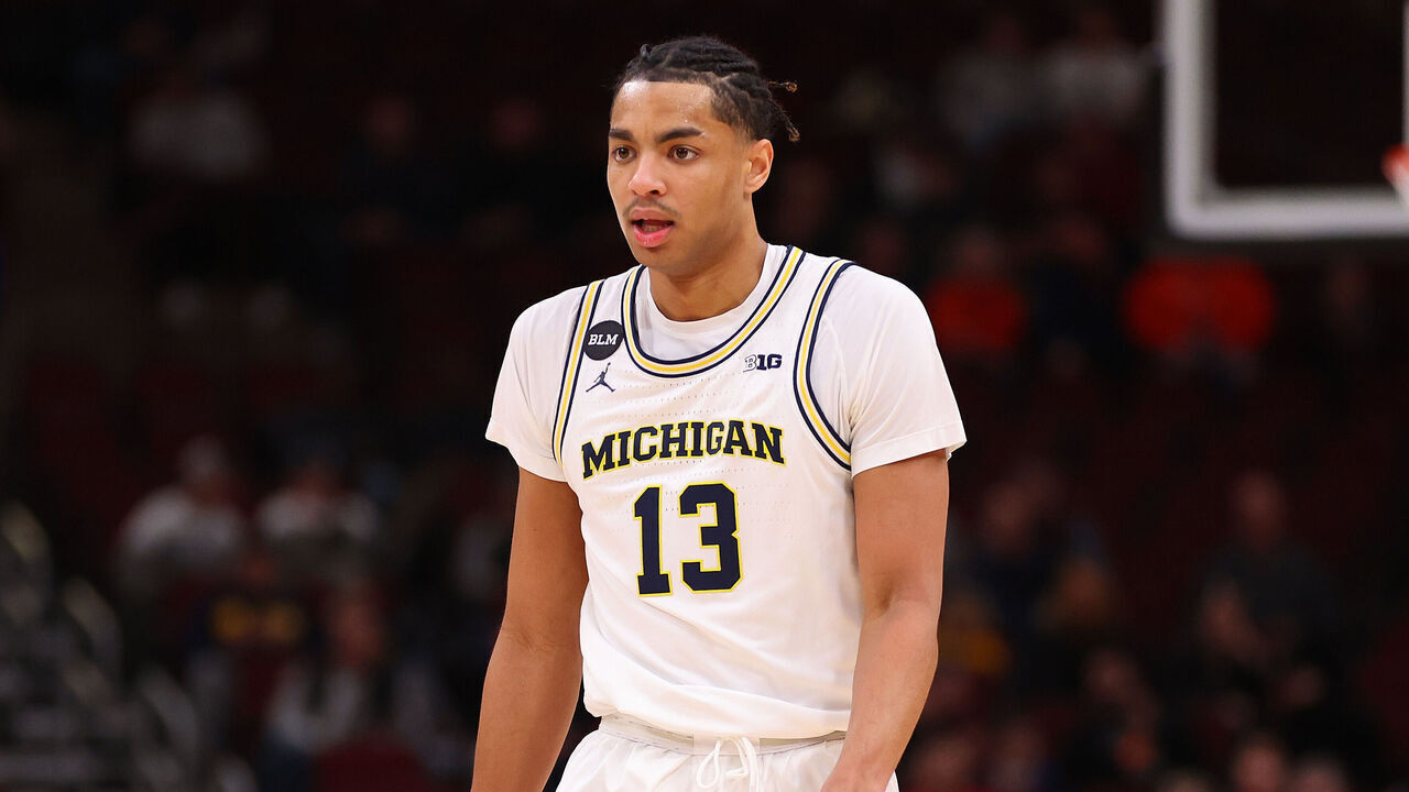 CHICAGO, ILLINOIS - MARCH 09: Jett Howard #13 of the Michigan Wolverines looks on against the Rutgers Scarlet Knights in the first half of the second round of the Big Ten Tournament at United Center on March 09, 2023 in Chicago, Illinois.
