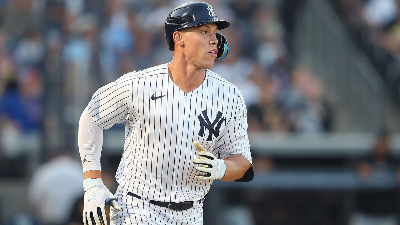 TAMPA, FL - MARCH 16: New York Yankees Outfielder Aaron Judge (99) trots to first base during the spring training game between the Pittsburgh Pirates and the New York Yankees on March 16, 2023 at George M. Steinbrenner Field in Tampa, FL.