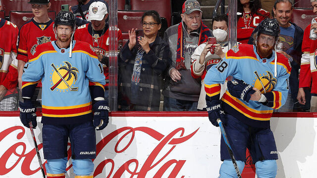 SUNRISE, FLORIDA - JANUARY 1: Eric Staal #12 and brother Marc Staal #18 of the Florida Panthers on the ice together during warm ups and their game against the New York Rangers at the FLA Live Arena on January 1, 2023 in Sunrise, Florida.