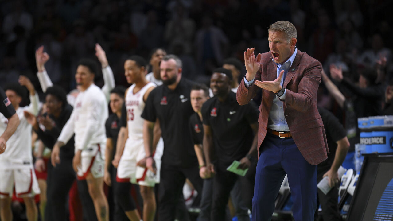 BIRMINGHAM, AL - MARCH 18: Head Coach Nate Oats of the Alabama Crimson Tide reacts in the second half of the game against the Maryland Terrapins during the second round of the 2023 NCAA Men's Basketball Tournament held at Legacy Arena at the BJCC on March 18, 2023 in Birmingham, Alabama.