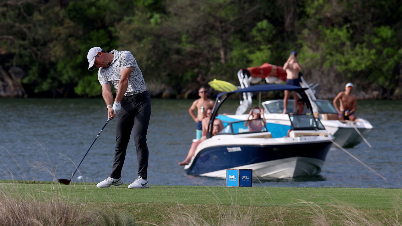 AUSTIN, TEXAS - MARCH 23: Rory McIlroy of Northern Ireland plays his shot from the 14th tee during day two of the World Golf Championships-Dell Technologies Match Play at Austin Country Club on March 23, 2023 in Austin, Texas.