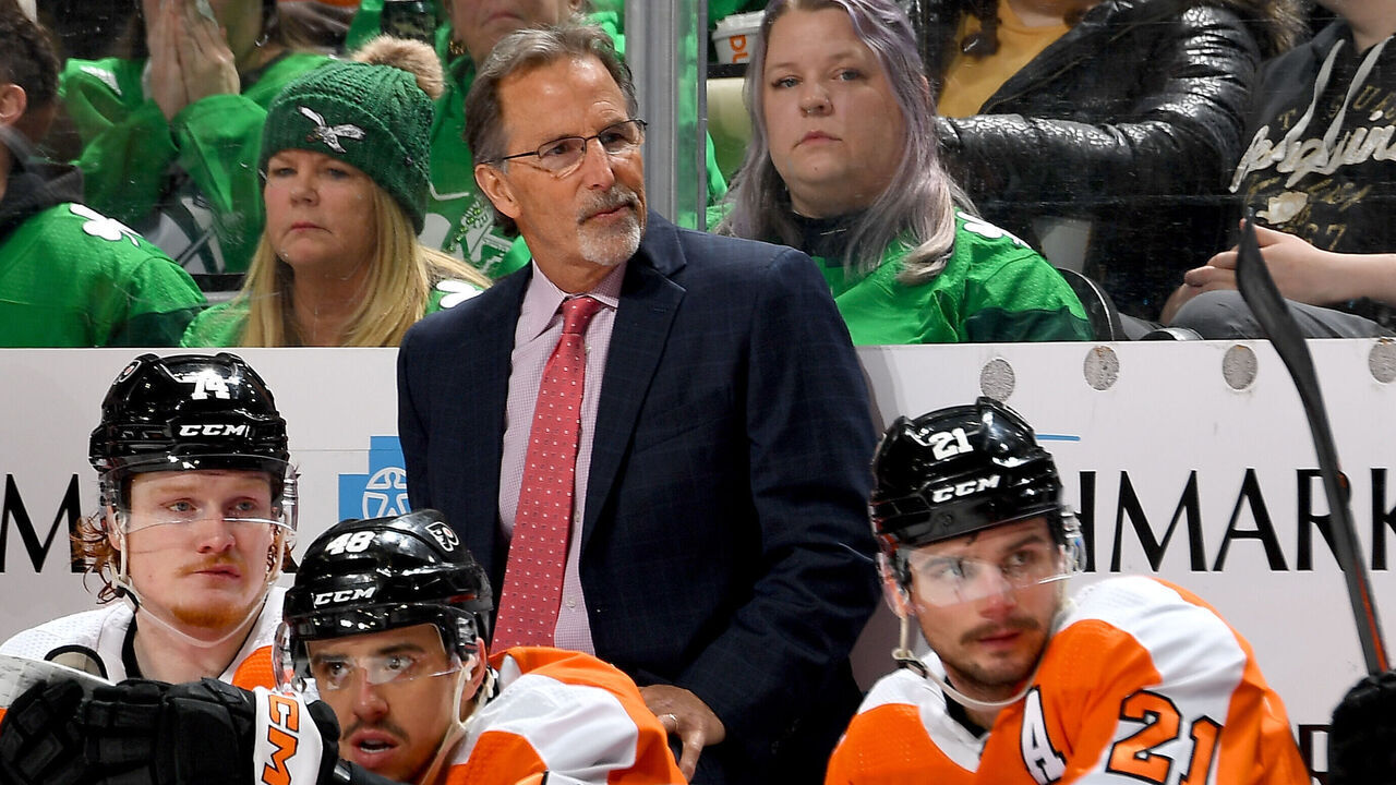 PITTSBURGH, PA - MARCH 11: John Tortorella of the Philadelphia Flyers looks on against the Pittsburgh Penguins at PPG PAINTS Arena on March 11, 2023 in Pittsburgh, Pennsylvania.