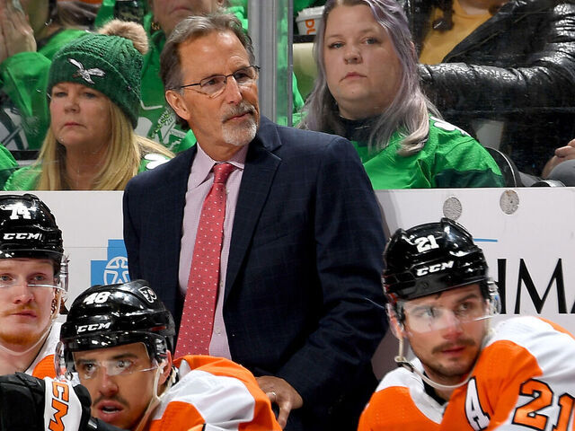 PITTSBURGH, PA - MARCH 11: John Tortorella of the Philadelphia Flyers looks on against the Pittsburgh Penguins at PPG PAINTS Arena on March 11, 2023 in Pittsburgh, Pennsylvania.