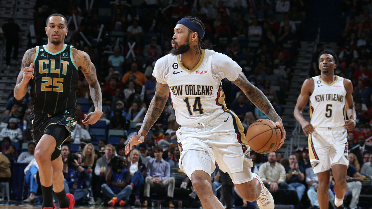 NEW ORLEANS, LA - MARCH 23: Brandon Ingram #14 of the New Orleans Pelicans dribbles the ball during the game against the Charlotte Hornets on March 23, 2023 at the Smoothie King Center in New Orleans, Louisiana. Mandatory Copyright Notice: Copyright 2023 NBAE